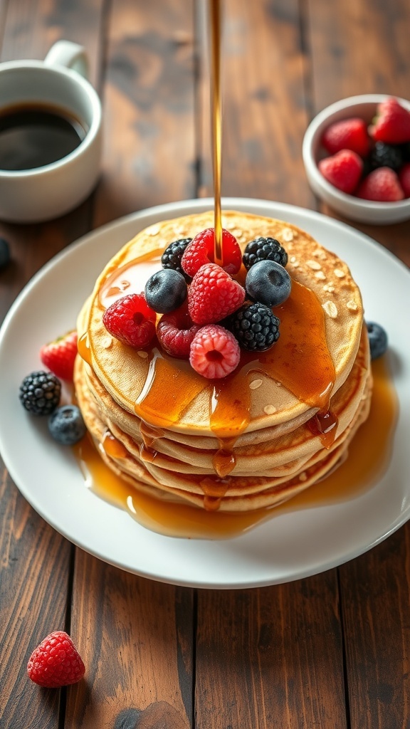 A stack of oat pancakes with syrup and berries on a rustic table.